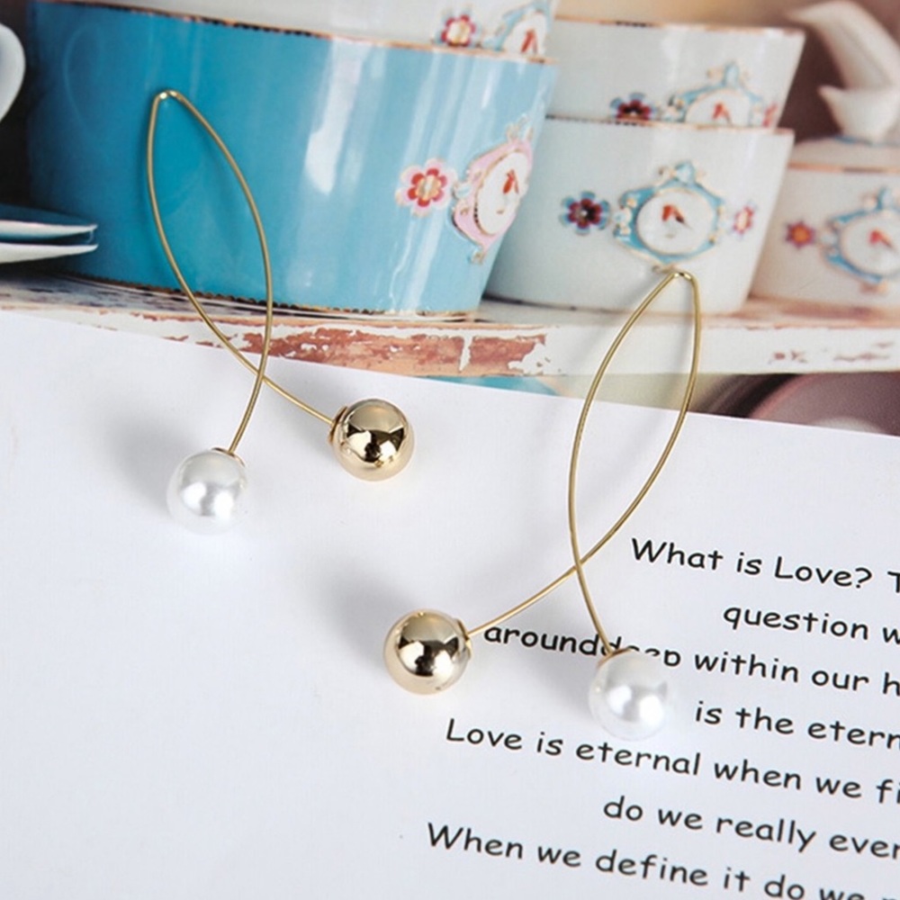 Gold Faux Pearl Crossover Ear Wire Earrings - Picture 6 of 7